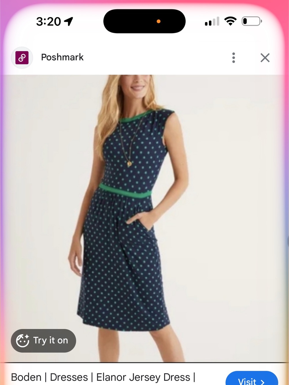 Boden Eleanor Jersey Navy Dress with Green Polka Dots size 6 USA. VGUC